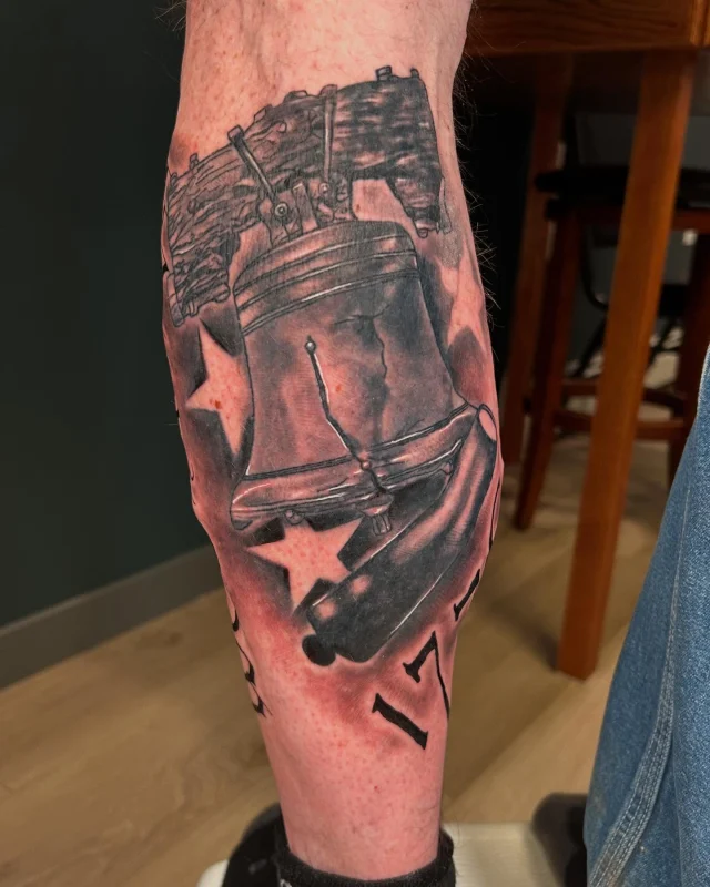 Knocked out a second session on @13yearspaid today!  Did a cover up of some old symbols on the first session about a month ago.  Got to do a couple add ons today to seam everything together!  The awesome original American flag wasn’t done by me but honored to add some stuff to this leg.  Thank you for the trust Chris I appreciate it!  If you swipe ➡️ to the last photo you can see what we covered up!