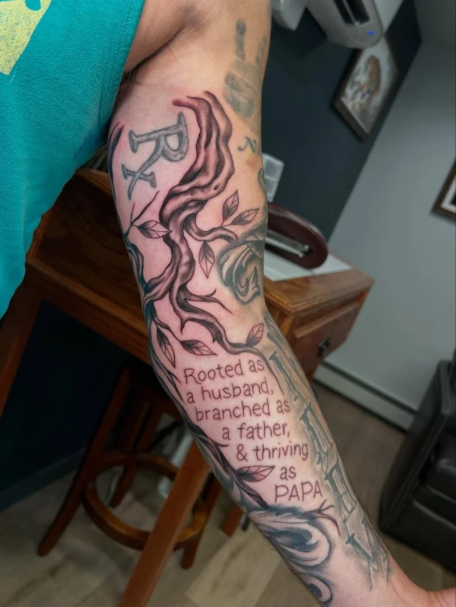 Added to David’s sleeve with a quote for his family and grandchild and also some branches inspired by a family tree!  Thanks again David!
