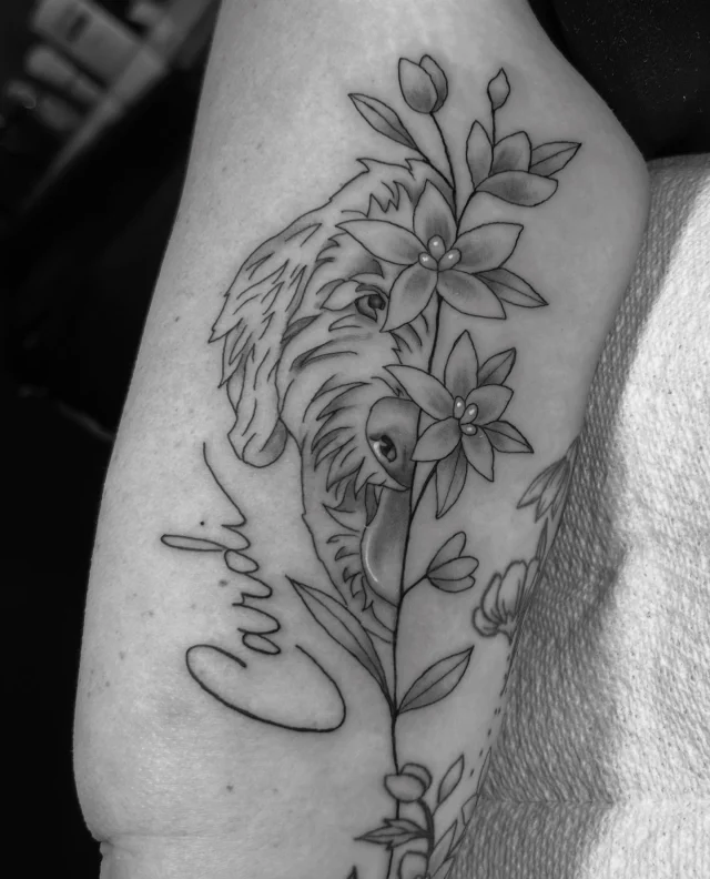 Forgot to post this very special tattoo from awhile back!  I had the privilege of tattooing this on a great friend and fellow dog lover who unfortunately lost her best friend far too soon… Rest In Paradise Cardi!  And thank you @lizhardy05 for the trust as always my genuine condolences and love 🐾